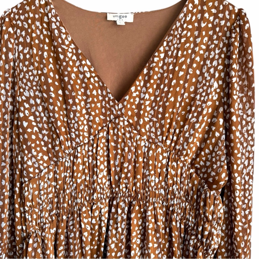 Umgee Boutique Metallic Leopard Long Sleeve Babydoll Dress Size Large - Picture 2 of 6